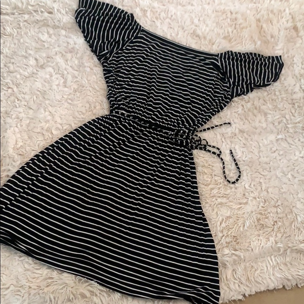 LOFT Black & White striped off the shoulder dress